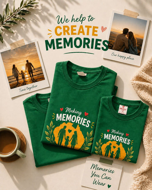 Making Memories family t-shirt in green with family silhouette print — Vereva